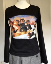 Butler and Wilson Dog and Cats Winter Scene Long Sleeve Cotton Black Top, Size M