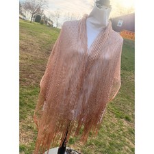 Peach Rose Gold Metallic Fringe Shawl Scarf Wrap Open Knit Evening Cover