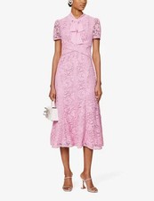 BNWT Self Portrait Pink Cotton Crossover Guipure Cord Lace Midi Dress Pink UK 8
