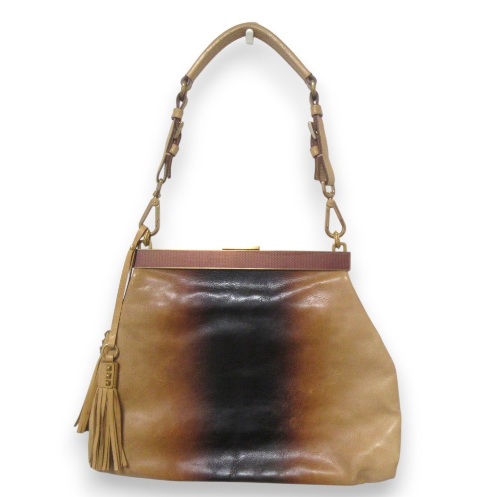 Y0708 Used Prada Leather Tassel Coins One Shoulder Bag Tote Beige Women'S Luxes