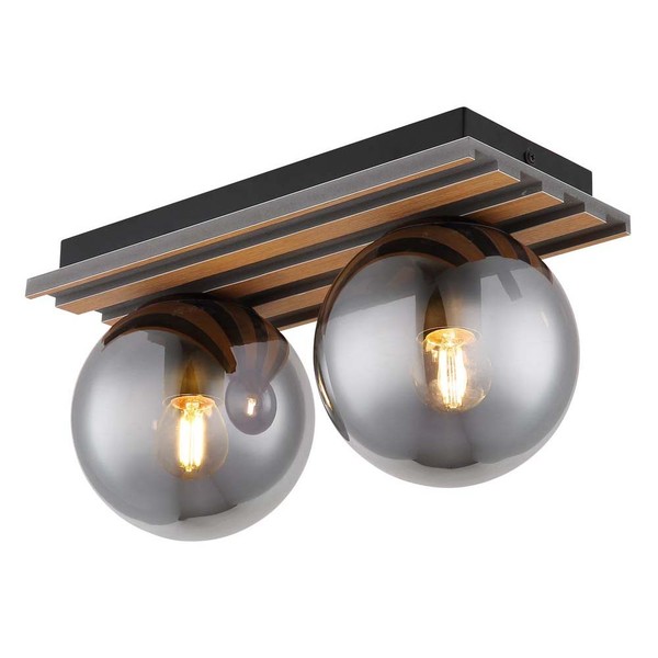 Deckenlampe Deckenleuchte Wohnzimmerlampe Holzoptik 2 Flammig Schwarz Glaskugel-image