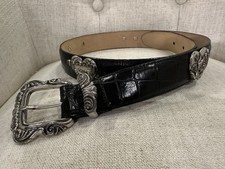 VTG 90s Brighton Black Croc Emboss Belt Women s M Silver Hearts Buckle Y2K 42403