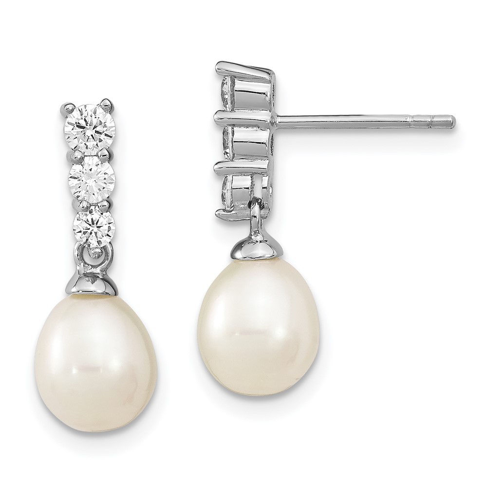 Sterling Silver 7-8mm Cultured Pearl and Cubic Zirconia Drop & Dangle Earrings