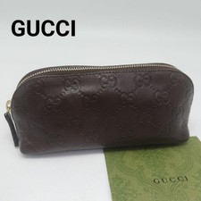 Gucci Makeup Pouch Dark Brown Leather Women Used Authentic