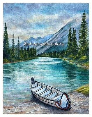 Sheerwatercolors Original Painting Canoe River Banff Nat. Park Alberta Canada