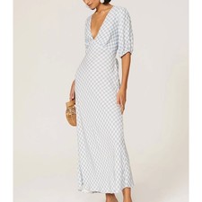 Rixo Blue White Gingham Midi Dress XS Romantic Bias Cut Cottage Designer $365