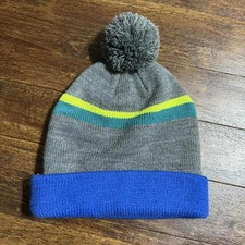 Old Navy Knit Hat Beanie Adult One Size Blue Gray Yellow Pom...nice color