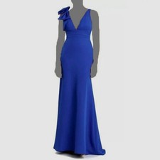 Mac Duggal Women's Blue Bow Shoulder V-Neck Gown Dress Size 2