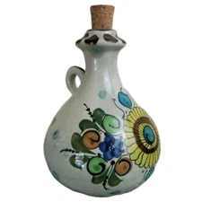 VTG Tonala Mexican Pottery Jug Decanter with Cork. Floral Hand Painted. Nice!
