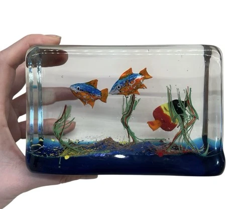 Vintage Murano Glass Aquarium Block with 3 Fish- 5.5Inch