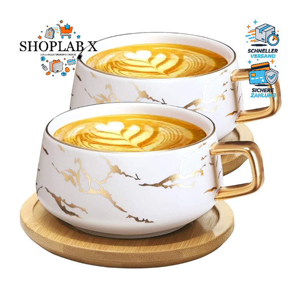 Cappuccino Tassen 300Ml Porzellan Marmor Mit Unterteller 2 StüCk FüR Kaffee Tee-image
