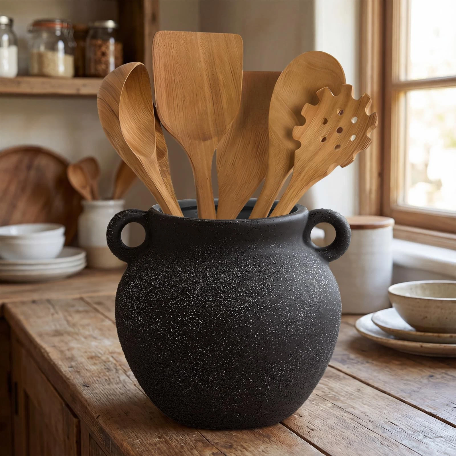 Rustic Kitchen Utensil Holder 6 Inch Small Ceramic Utensil Holder with Handle...