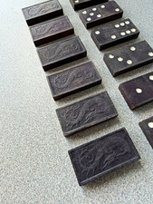 Vintage Carved Dragon Wood Dominoes Partial Set 12 Tiles Dark Hardwood Asia