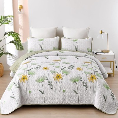 Dinjoy Floral Quilt Set Twin Green Yellow Bedspread 2pc Summer Kids Bedding