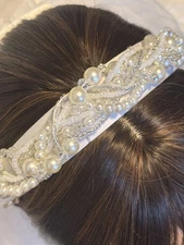 Bridal Wedding Headpiece Headband, White Satin, Pearls, Rhinestones, Crystals 