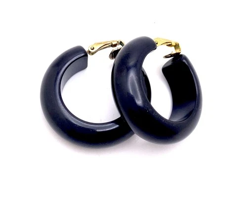 Vintage Plastic Costume Jewelry Black Bakelite Reto Hoop Clip On Earrings