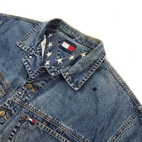 VINTAGE TOMMY HILFIGER DENIM JACKET XL MENS JEAN BIG USA FLAG CREST LOGO BUTTON - Picture 4 of 5