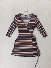 Forever 21 Women Dress Medium Blue Striped Poly Blend V Neck 3/4 Sleeve Wrap Tie