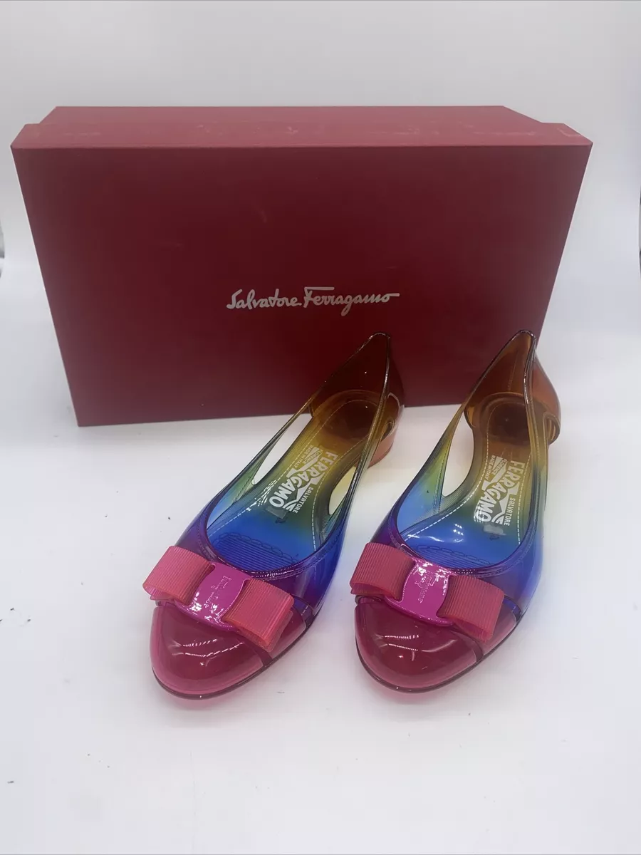 NIB SALVATORE FERRAGAMO Women s Vara Rainbow Jelly Ballet Flat size 5 Rainbow