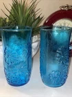 Set Of 2 Vintage Anchor Hocking Glasses Springsong Embossed Flower Laser Blue