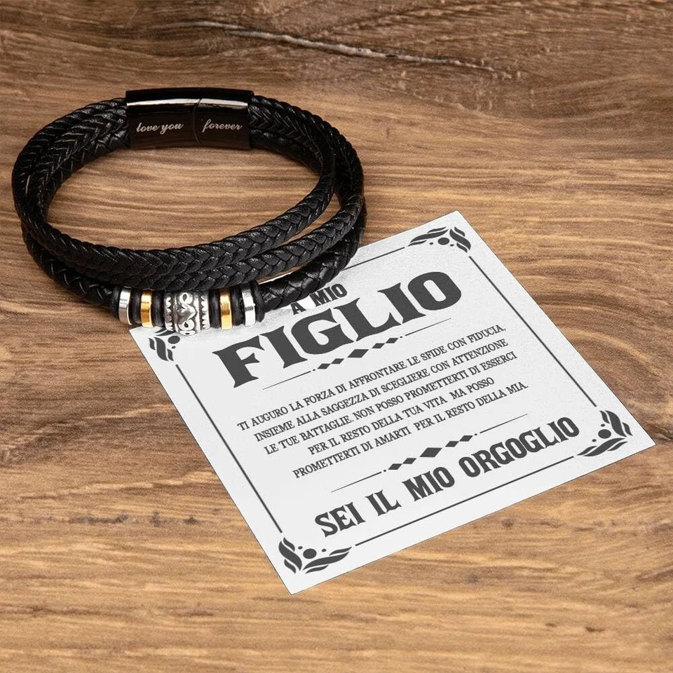 Bracciale Uomo Pelle e Acciaio Inox A mio Figlio - Cofanetto con DEDICA incluso - Immagine 3 di 4