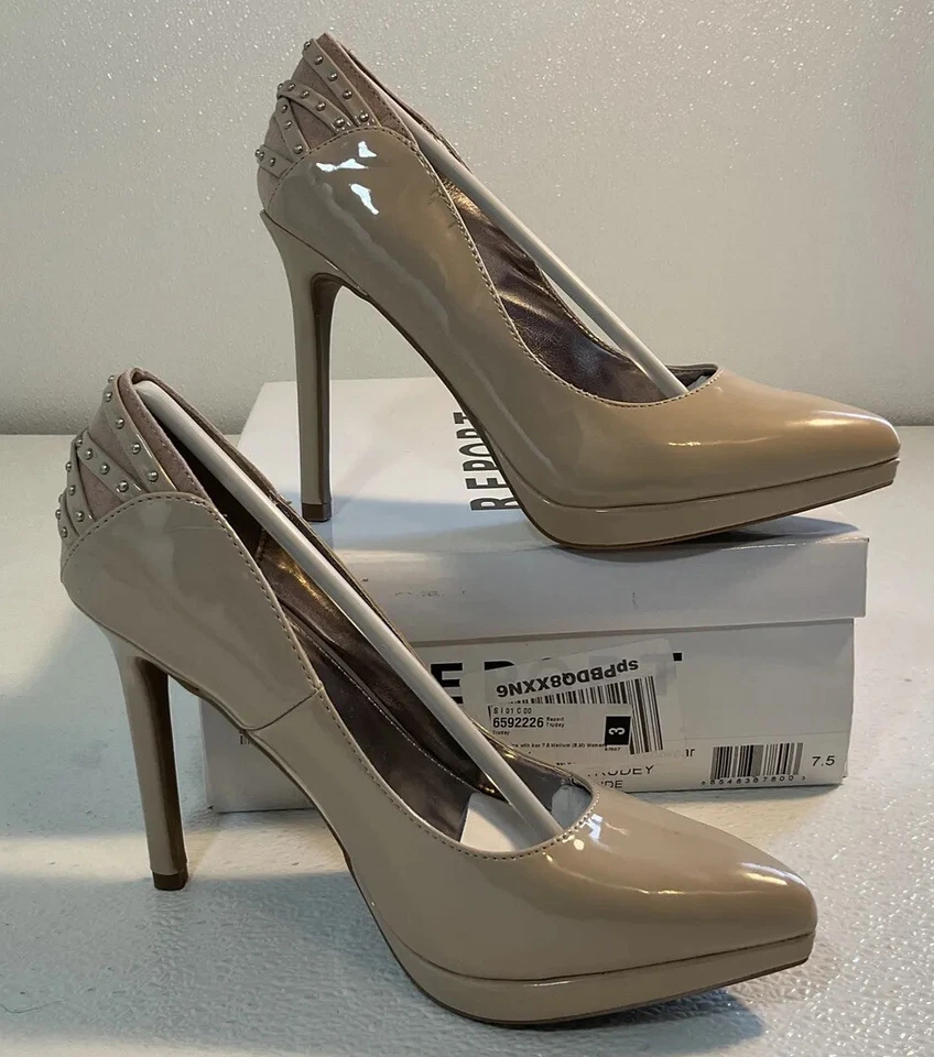NUEVO INFORME Patente Nude Beige Sin Cordones Punta Punta Tacones Altos 7 1/2 Zapatos 7.5 Foto 3 de 4