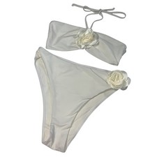 Ivory White Bikini Set Floral Applique Strapless Halter Swimsuit Medium