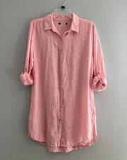 TAHARI Pink Linen Blend Button Up ROLL-TAB SLEEVES Tunic Top Size Small Coastal