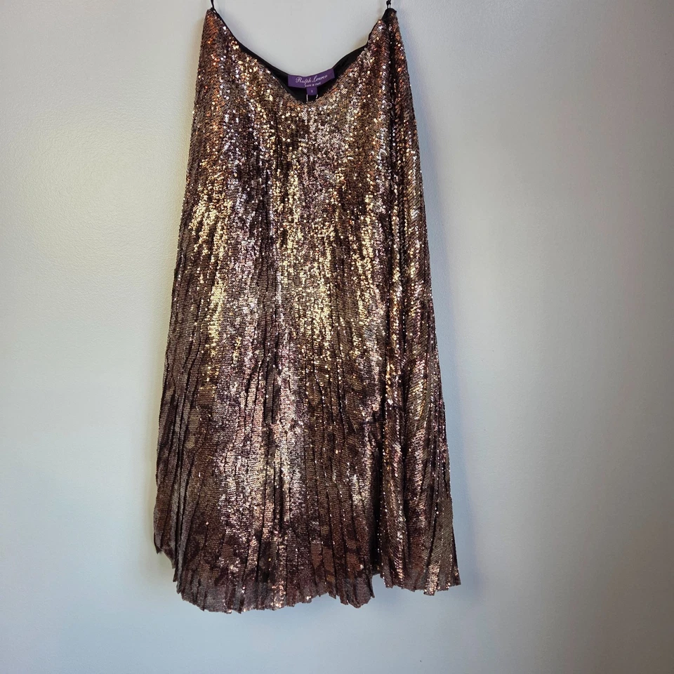 Falda midi Ralph Lauren etiqueta púrpura lentejuelas doradas tul para mujer talla 4 nueva con etiquetas $2790 Foto 3 de 4