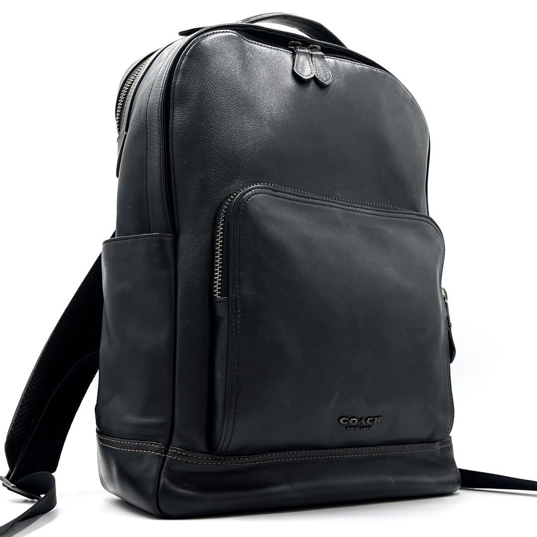 Coach Graham Black Leather Backpack with Logo and A4 Storage
