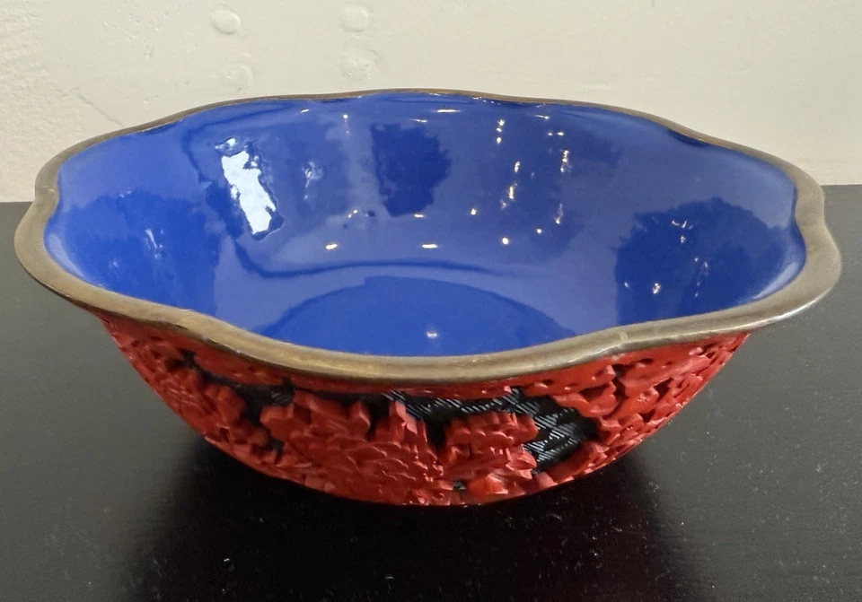 Antique Intricately Carved Floral Chinese Red Cinnabar Bowl W/Blue Enamel Center - Image 2 of 4