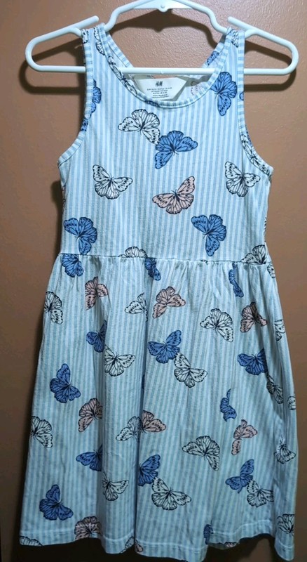H&M: White & Blue Vertical Stripes With Butterflies, Cotton Dress Size 5
