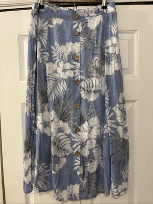 Mlle Gabrielle Skirt Women Size Large L Blue Floral Full Midi Elastic Waist