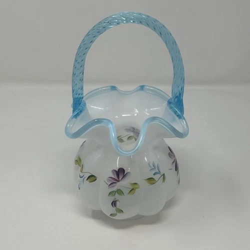 Vintage Fenton Art Glass Violet Hand Painted Flowers Opalescent Basket Signed