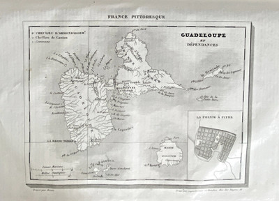 GRAVUR MALERISCHES FRANKREICH 1835 KARTE DER INSEL GUADELOUPE