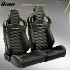 Universal 2x Reclinable Racing Seats Dual Slider Pu Carbon Leather Yellow Strip