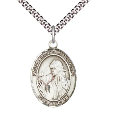 Sterling Silver Saint Finnian of Clonard Medal 24'' Lobster Claw Chain Necklace