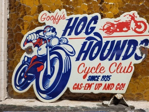 VINTAGE GOOFY PORCELAIN SIGN OLD HOG HOUNDS CYCLE CLU  MOTORCYCLE DISNEY CARTOON