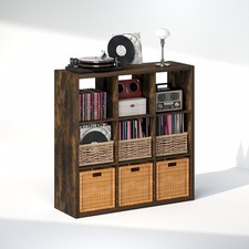 Furinno CUBICLE Vintage Vinyl Record Media Storage Organizer 9-Cube Amber Pine