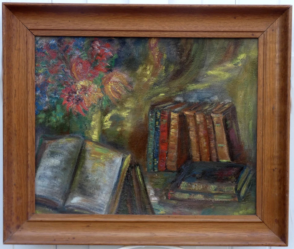 BELLE NATURE-MORTE IMPRESSIONNISTE 1930..LIVRES & BOUQUET DE FLEURS "VANGOGHIEN" - Photo 4/4