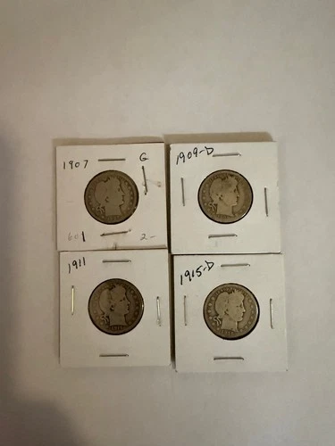 Silver Barber Quarters (Lot of 4) 1907 1909-D 1911 1915-D