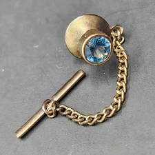 Vintage 90s tie tack blue crystal glass golden tone round pin formal classic 