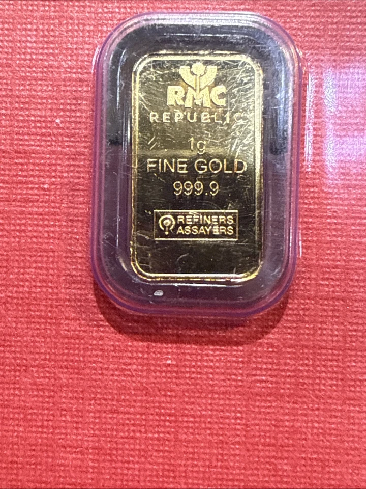 Barra de oro fino de 1 gramo RMC Republic Metals Corporation 999,9 sellada en ensayo Foto 2 de 4