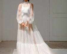Sheer Vintage Wedding Layers FlareDress Long puffy Sleeves Bridal Overlay Tulle