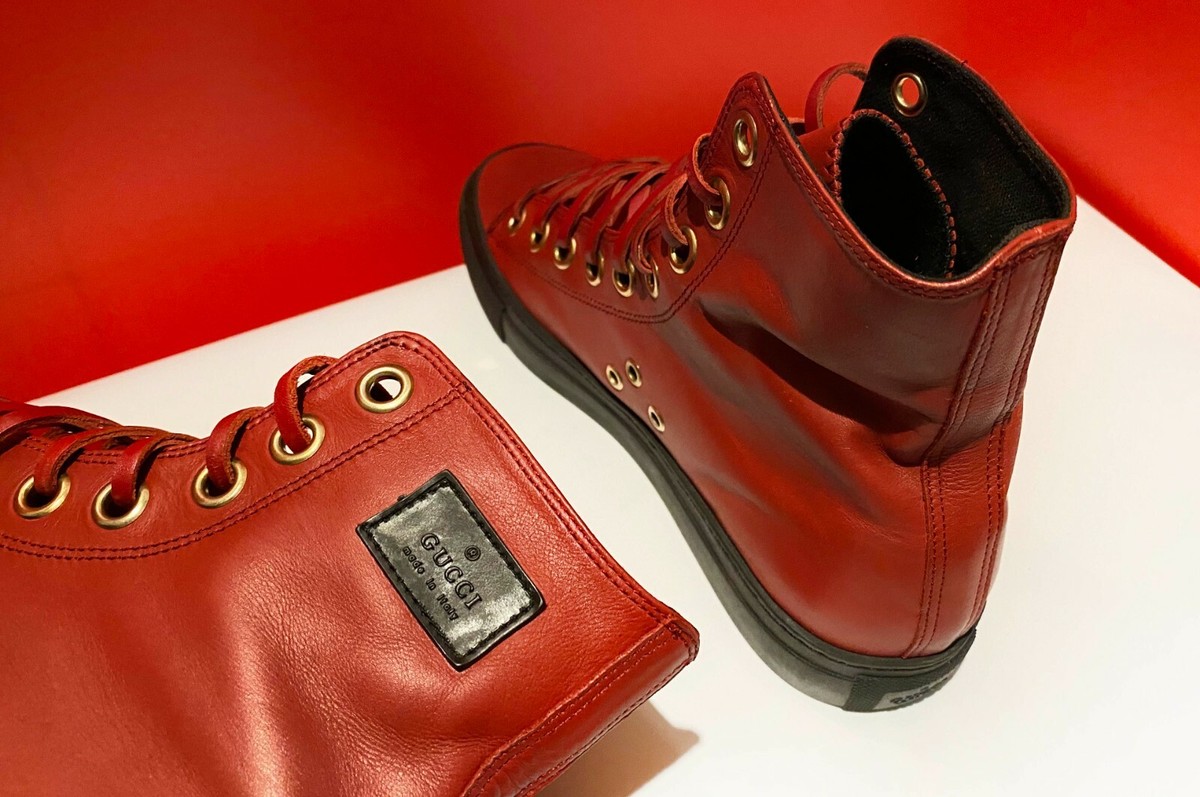 GUCCI Men\'s Red Leather Suede Hi High Top Sneakers 309520 Size 10.5 Gucci Hi Top Sneakers for sale | eBay main image 3