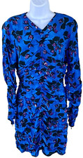 NWT Zara Blue Floral Draped Ruched Long Sleeve Mini Bodycon Dress size XS