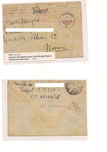 11695 FELDPOST 59977 1944 BULGARIA X NOVARA