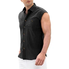 Men Solid Sleeveless Button Down Shirt with Chest Pockets Breathable Tank Top
