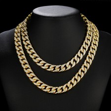 14MM 18K Gold Plated Iced CZ Out Miami Cuban Link Bracelet Chain Set Men Women