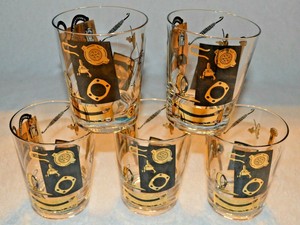 Vintage Mcm Federal Glass Set Of 5 Black Gold Automotive Parts Highball Glasses Ebay